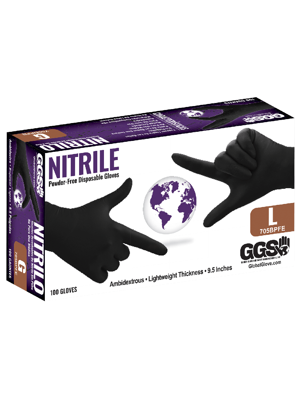 Nitrile, Powder-Free, Industrial-Grade, Black, Lightweight, 3.5-Mil, Textured Fingertips, 9.5-Inch Disposable Gloves - 705BPFE [1 case]