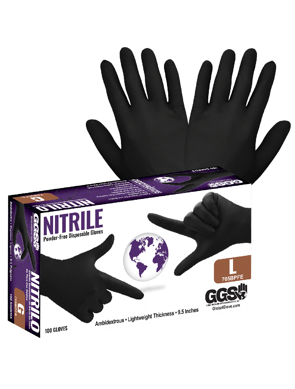 Nitrile, Powder-Free, Industrial-Grade, Black, Lightweight, 3.5-Mil, Textured Fingertips, 9.5-Inch Disposable Gloves - 705BPFE [1 case]